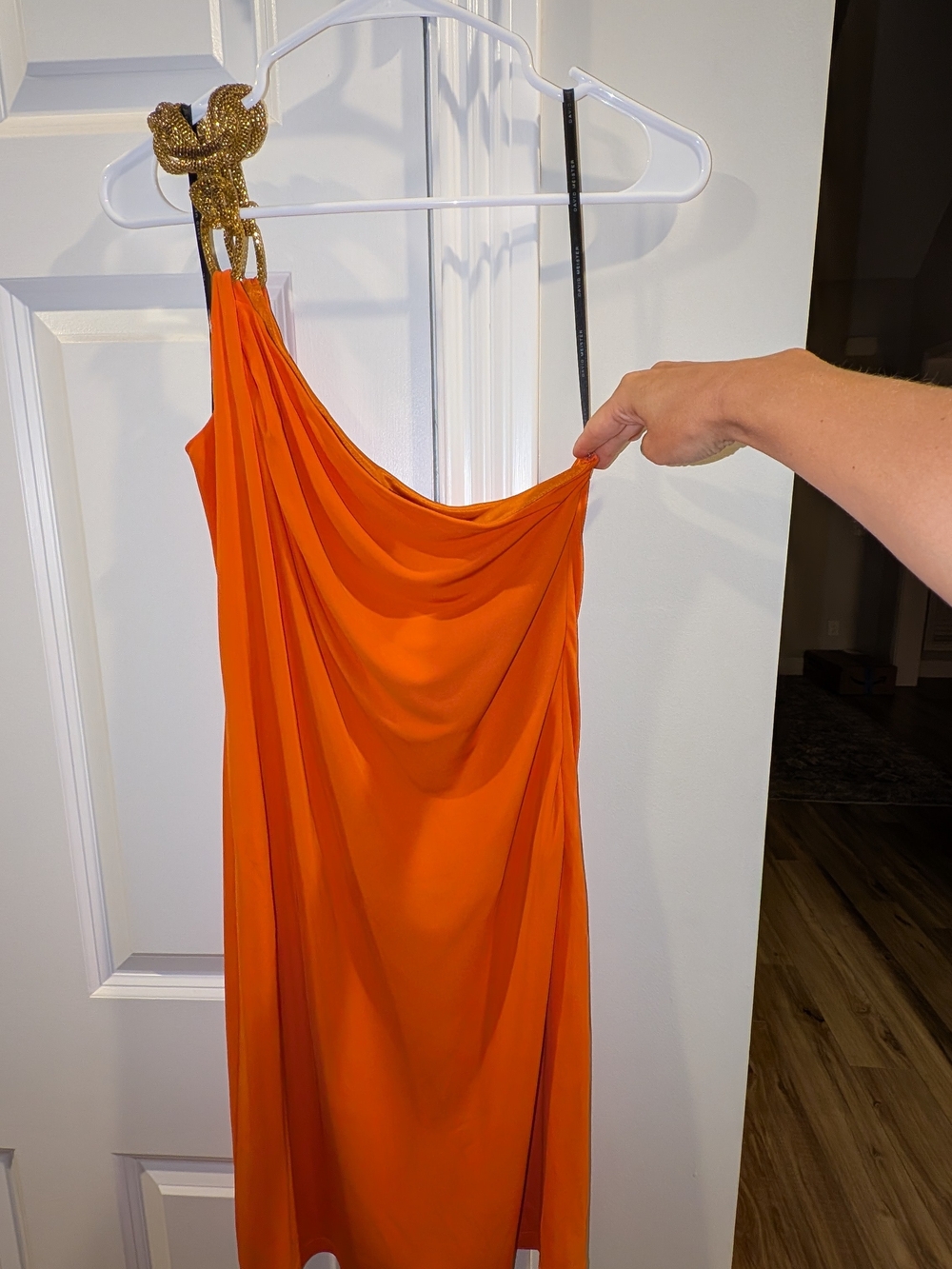 David Meister One-Shoulder Draped Orange Evening Dress with Gold Knot Strap